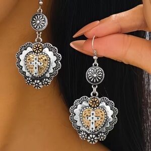 Western Sacred Heart Cross Dangle Earrings | Boho Southwestern Silver Gold Tone